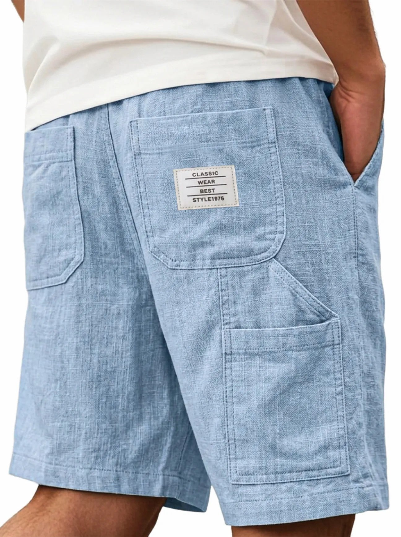 Mens Solid-Color Bamboo-Texture Linen Multi-Pocket Shorts