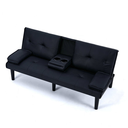 67-inch Black PVC Multi-Functional Sofa Bed with Foldable Design and Cup Holder