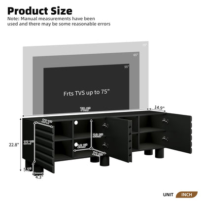 TV Stand Wavy Door Black MDF 4-Cabinet Cylindrical Legs Fits 70 In TV