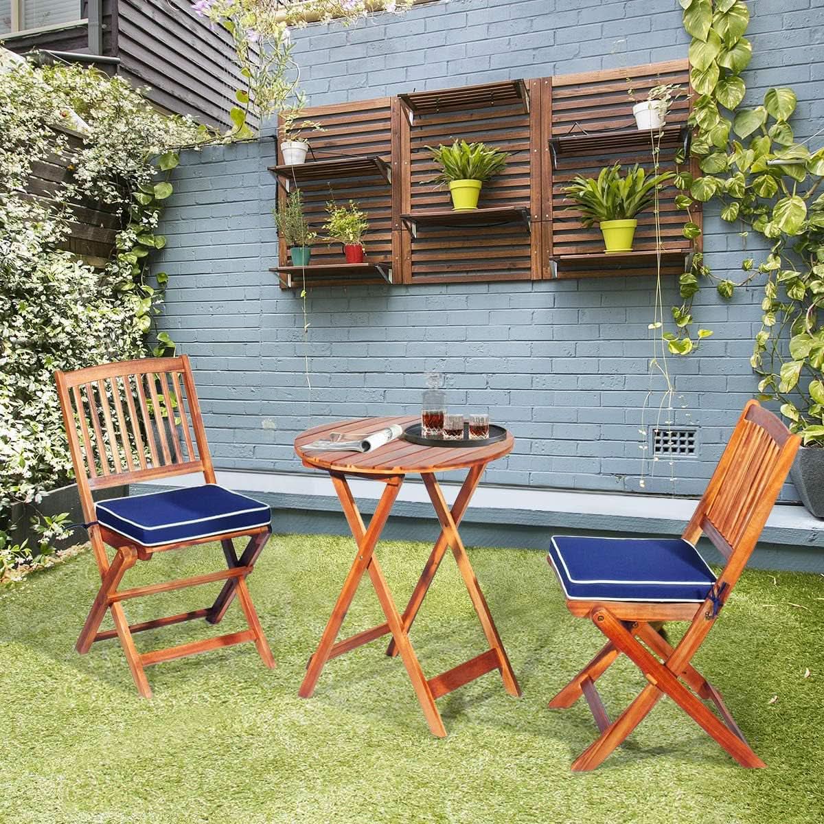 Patio Bistro Set With Wood Table And Navy Cushioned Chairs