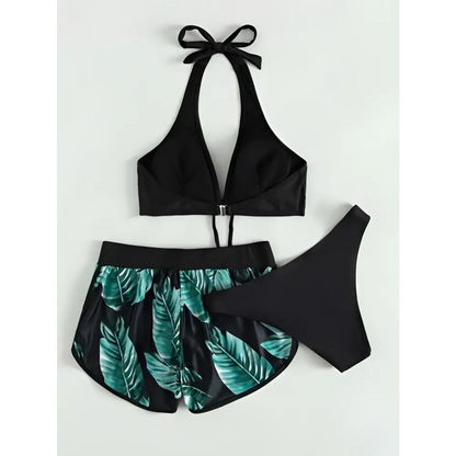 3pcs Leaf Print Bikini with Shorts Fashion Summer