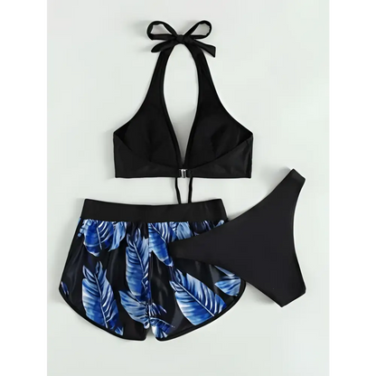 3pcs Leaf Print Bikini with Shorts Fashion Summer