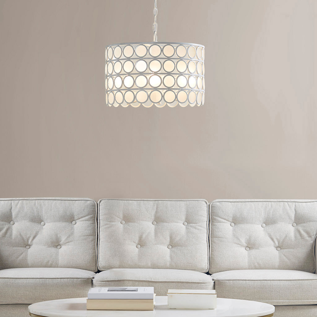 4-Light Glass Drum Shade Chandelier | Mid-Century Modern White Ceiling Light with Frosted Glass — Vaulted Ceiling Compatible, Dining Room & Kitchen