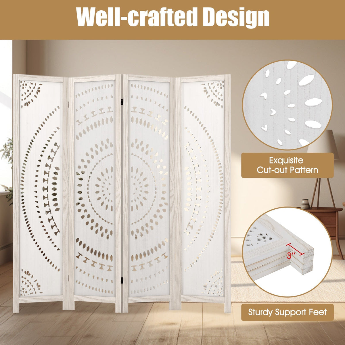 66 Inch Boho 4-Panel Room Divider Privacy Screen with Carved Pattern