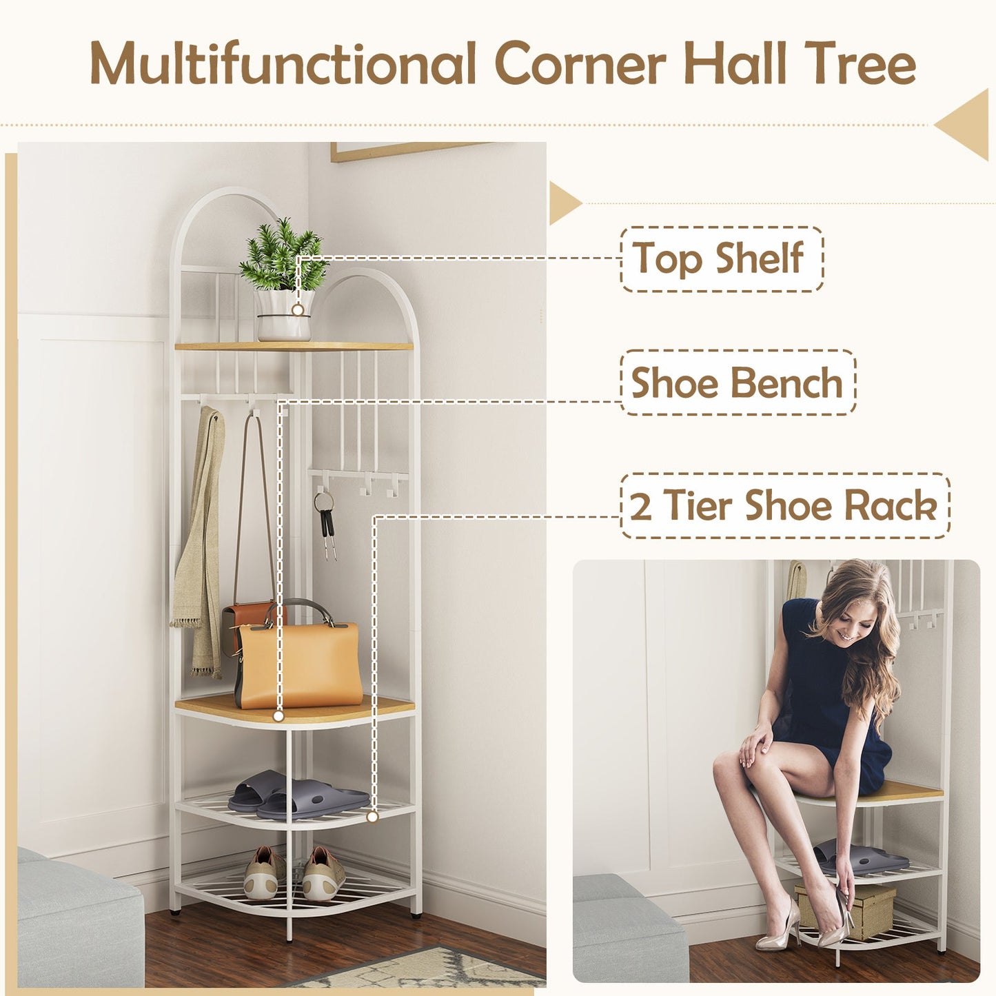 4-Tier Coat Rack Corner Hall Tree with Shoe Storage Bench