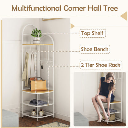 4-Tier Coat Rack Corner Hall Tree with Shoe Storage Bench