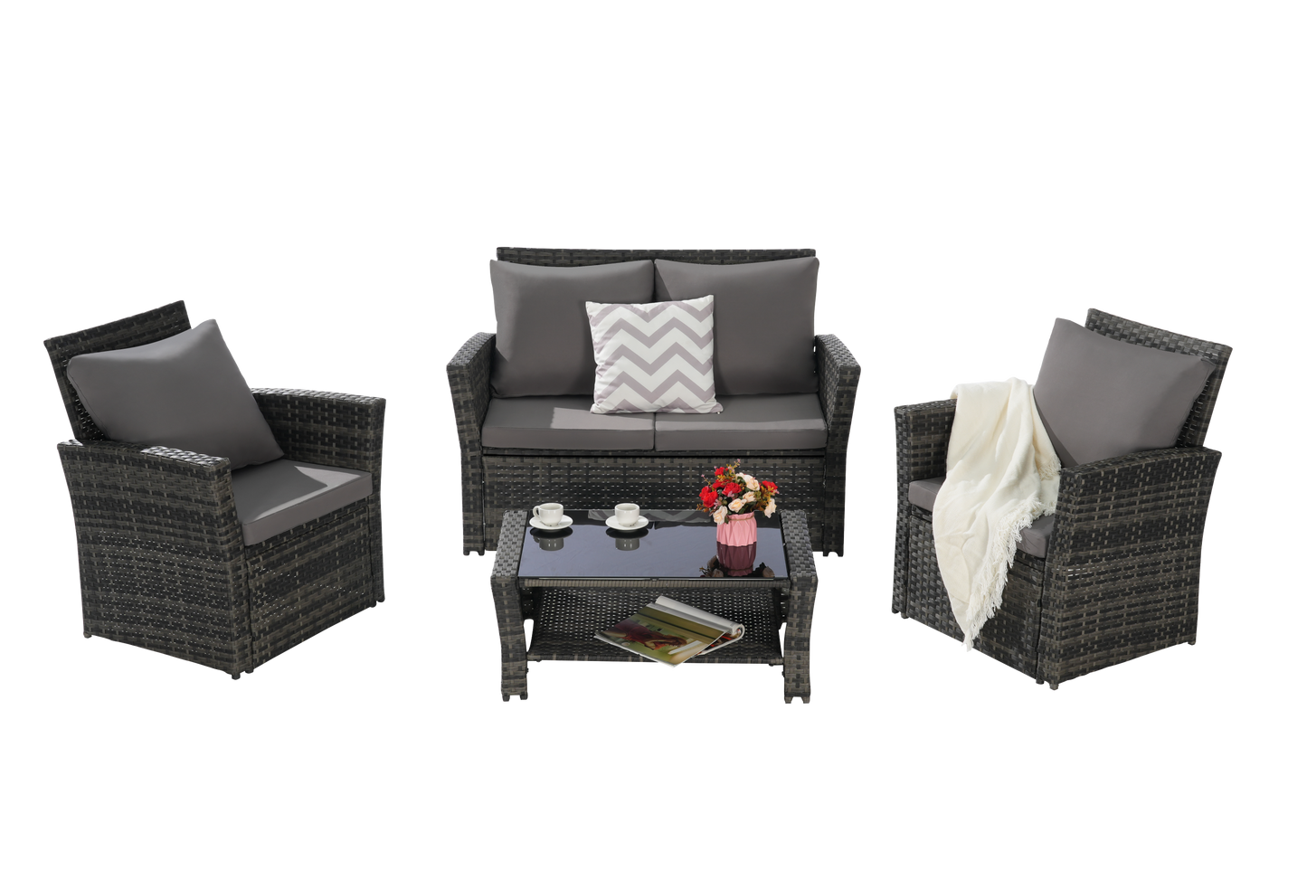 Outdoor Patio Set PE Rattan Steel Dark Gray 4 Piece Glass Seats 4
