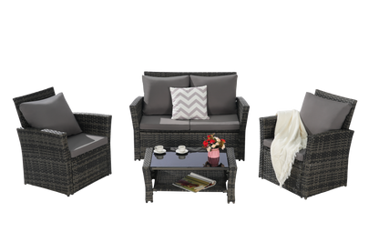Outdoor Patio Set PE Rattan Steel Dark Gray 4 Piece Glass Seats 4