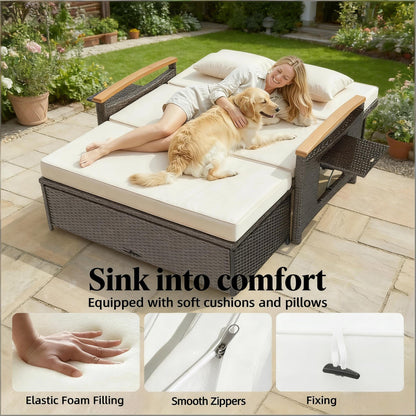 Outdoor Daybed PE Wicker Chaise Lounge 4-Position Adjustable