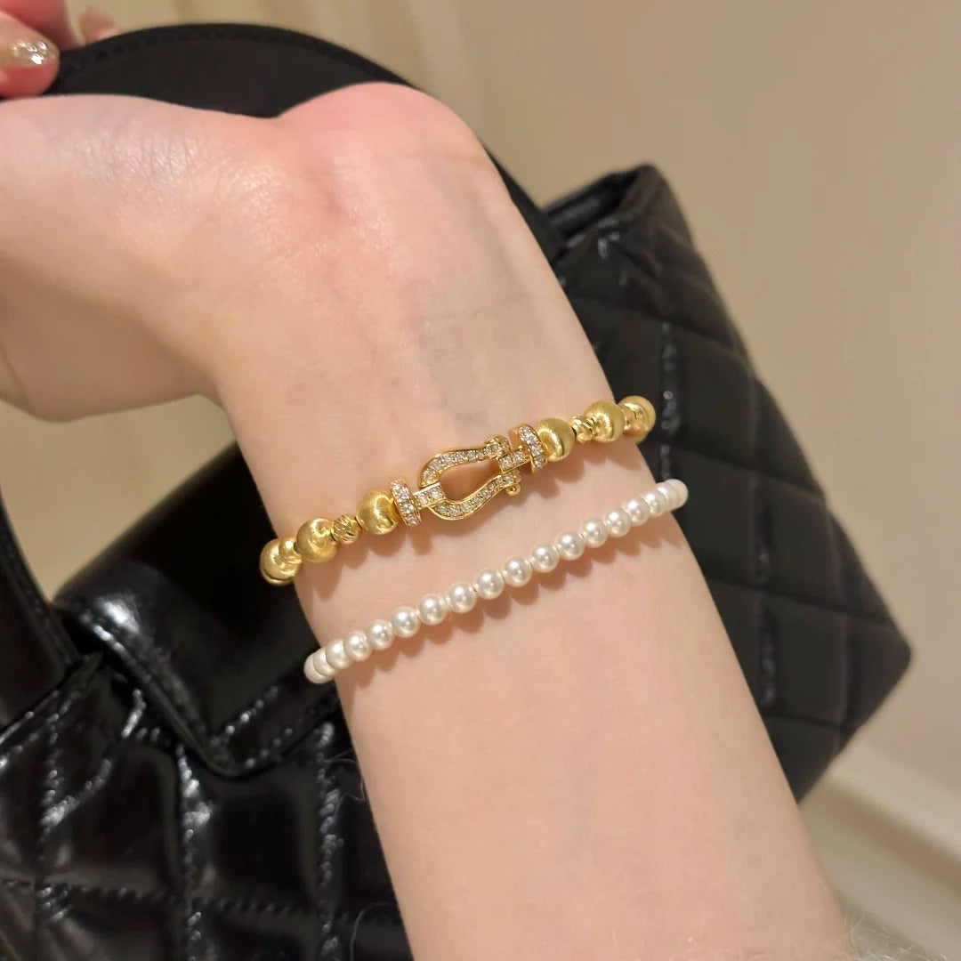 Silver Tone Brushed Bead Horseshoe U Clasp Bracelet Clear Simulated Zirconia Spring Buckle Unisex Daily Hand Ornaments
