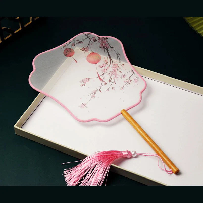 Chinese Silk Round Hand Fan with Floral Embroidery
