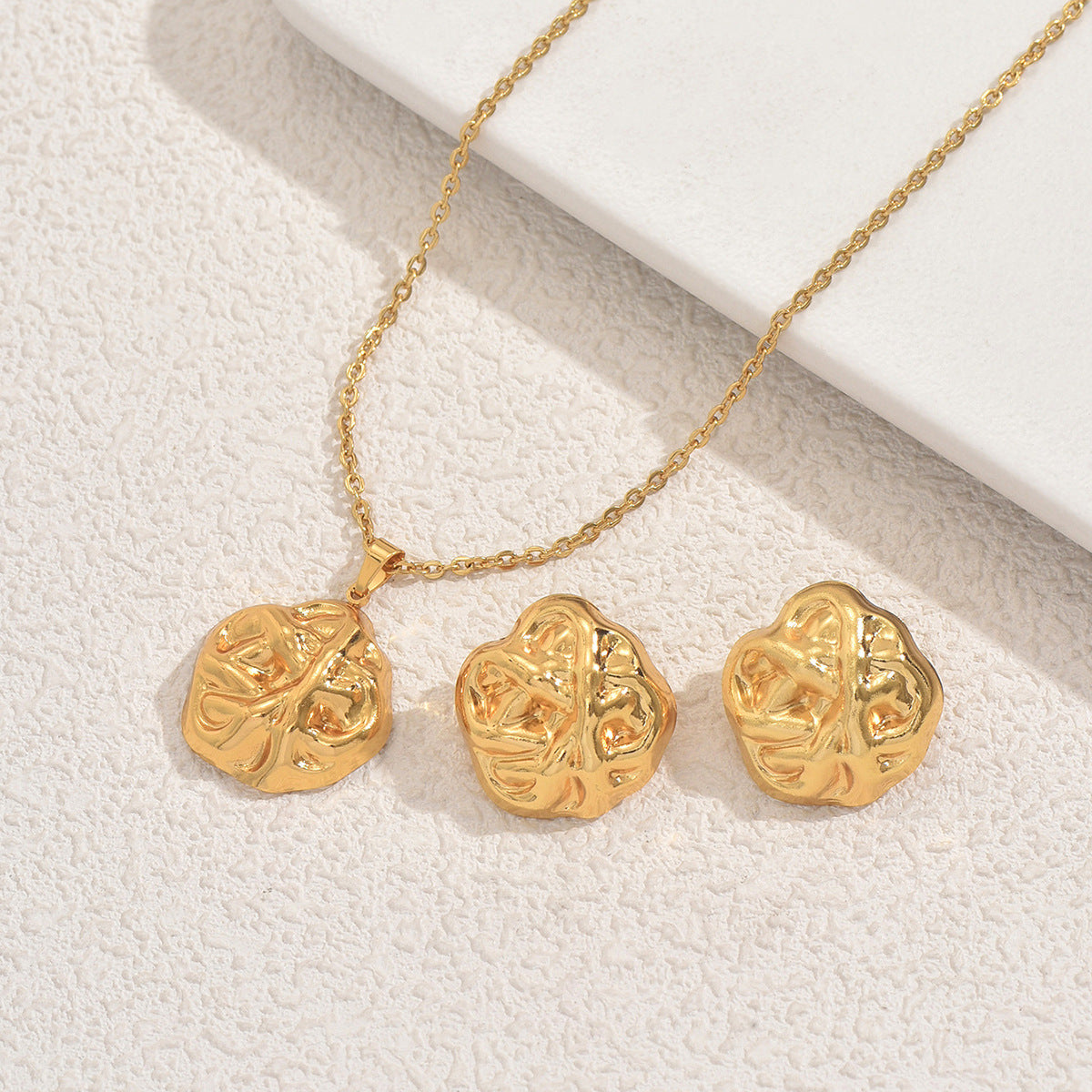 Cross-border European American Women Jewelry Set, Unique Wrinkle Metal Geometric Design Matching Necklace & Versatile Premium Texture Earrings