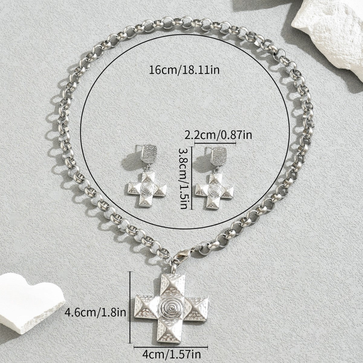 Vintage European American Women Cross Jewelry Set, Unique Niche Design Stud Earrings & Versatile Pendant Necklace For Ladies
