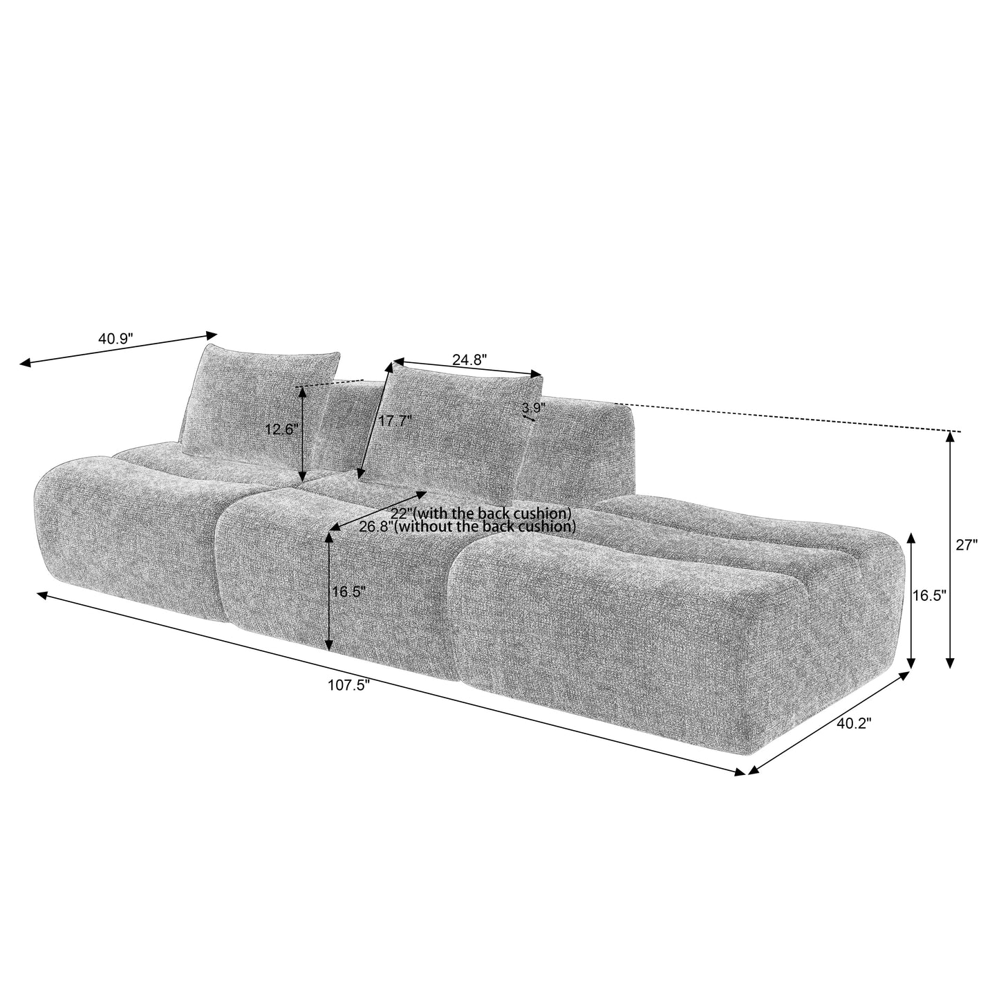 Sofa Oversized Chenille Gray 3 Seat 107 In No Assembly Pocket Spring