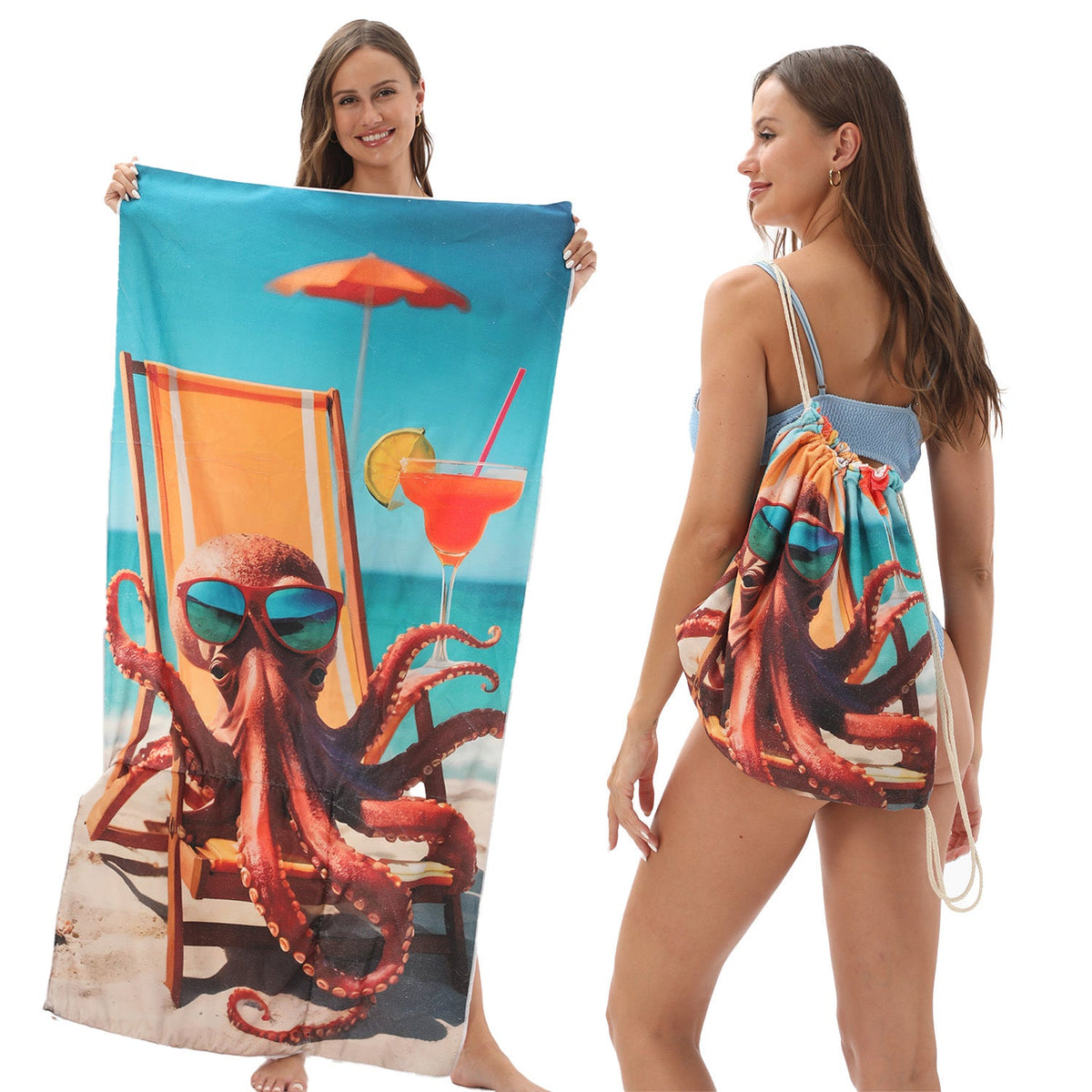 Two-in-One Foldable Beach Towel Printed Bath Towel All-In-One Beach Towel with Storage Bag