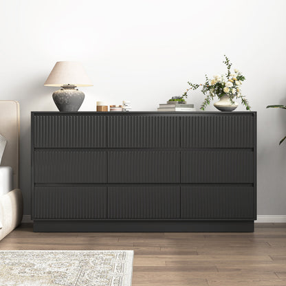 Mid-Century 9-Drawer Black Wave Dresser 59.1x15.7x31.6
