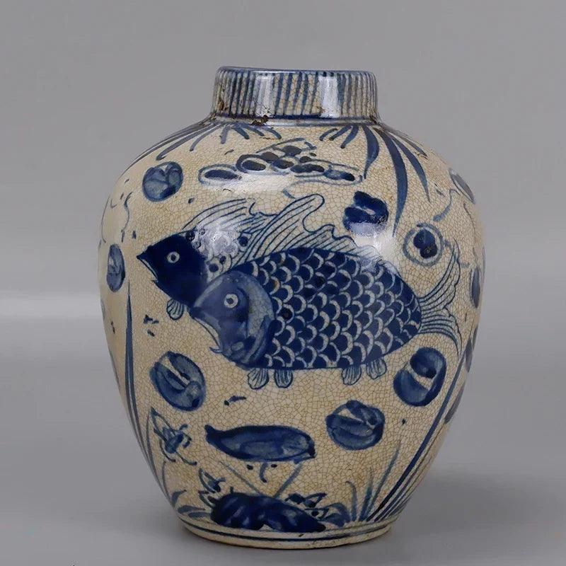 Yuan-Style Blue and White Lotus Seed Jar – Hand-Painted Fish Bath Pattern