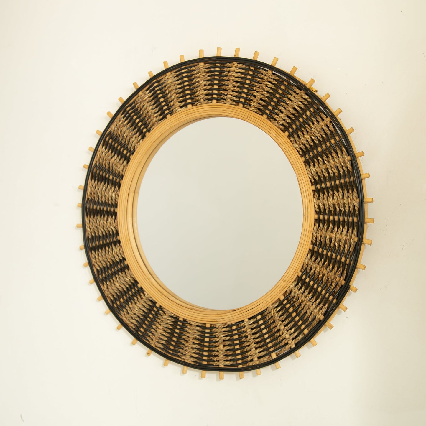 Wall Mirror Round Bamboo Hemp Rope Frame Natural Boho 23 In