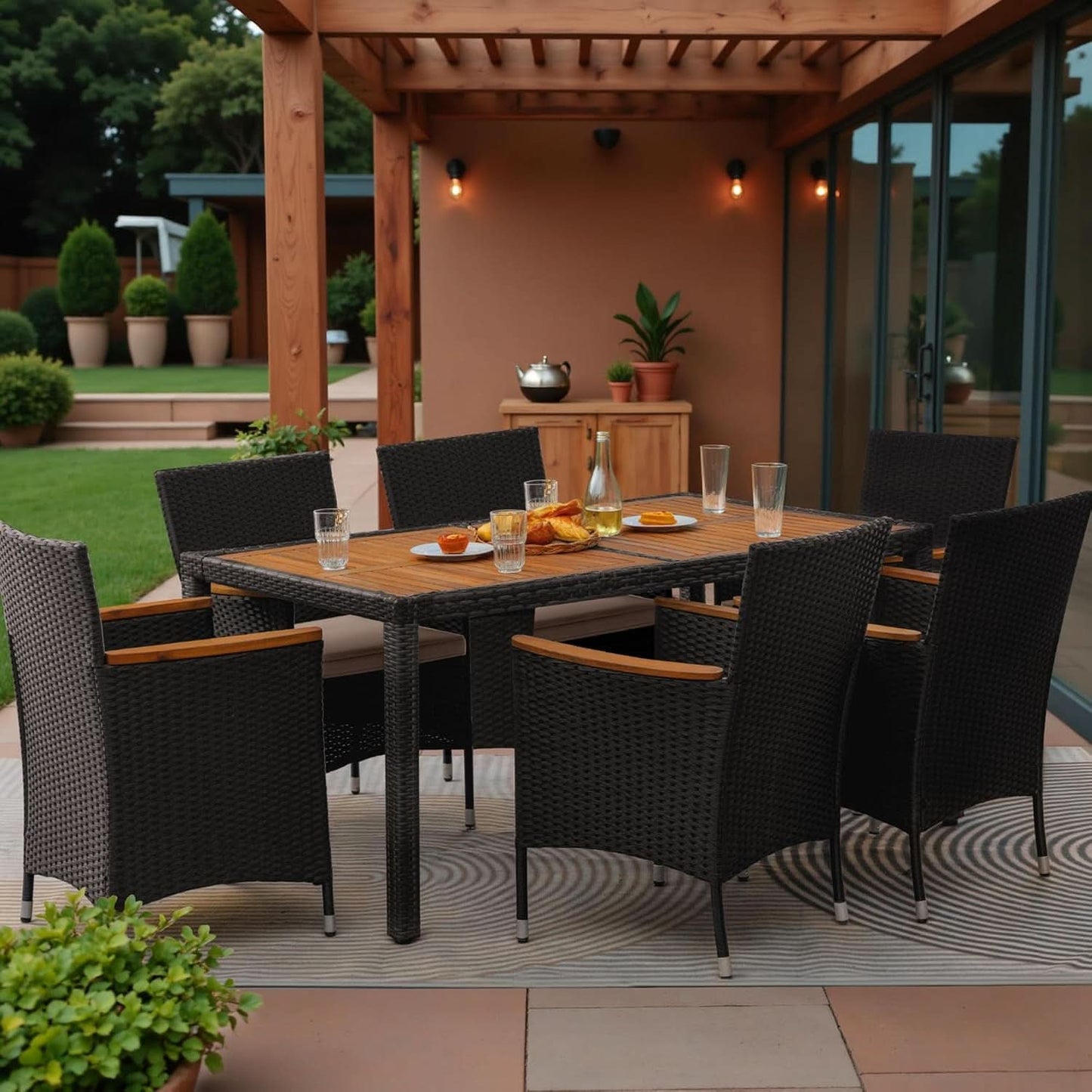 7 Piece Outdoor Patio Dining Set Black Rattan Chairs