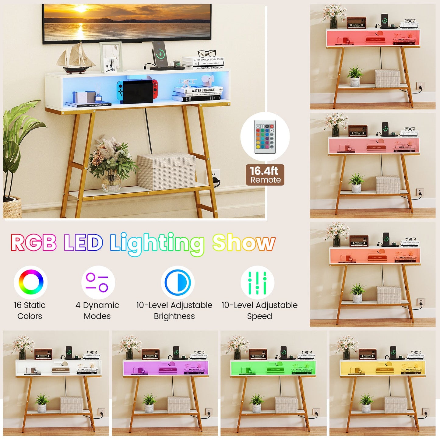 40" Console Table with Charging Station and LED Lights