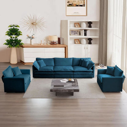 Blue Chenille Three Piece Sofa Set With Seven Pillows