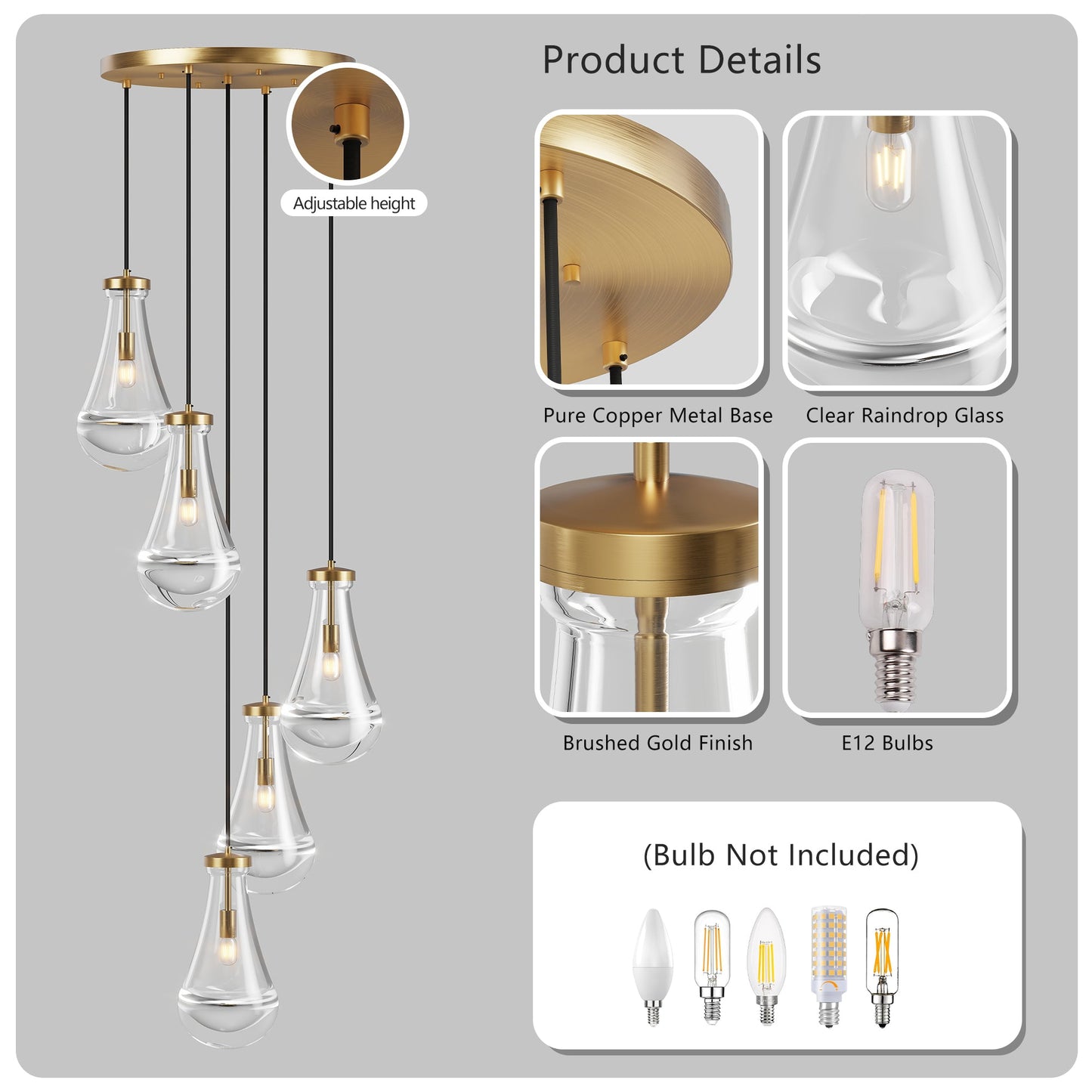 Chandelier 5-Light Cluster Pendant Brass High Ceiling Adjustable E12