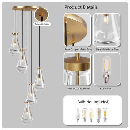 Chandelier 5-Light Cluster Pendant Brass High Ceiling Adjustable E12