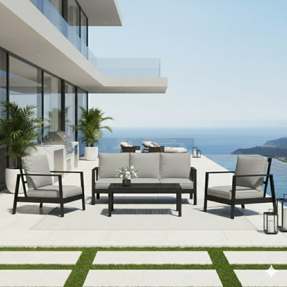 Outdoor Patio Set Aluminum Black Light Gray 4 Piece Seats 5