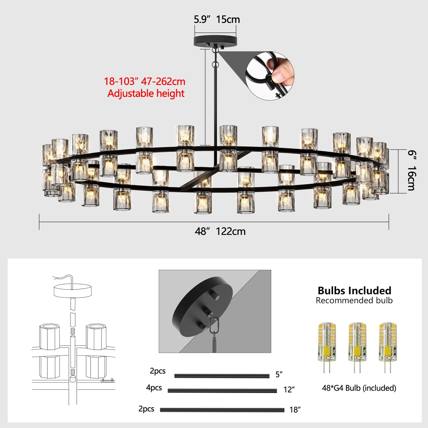 Chandelier Crystal LED 48 In Luxury Black Modern Living Dining Room