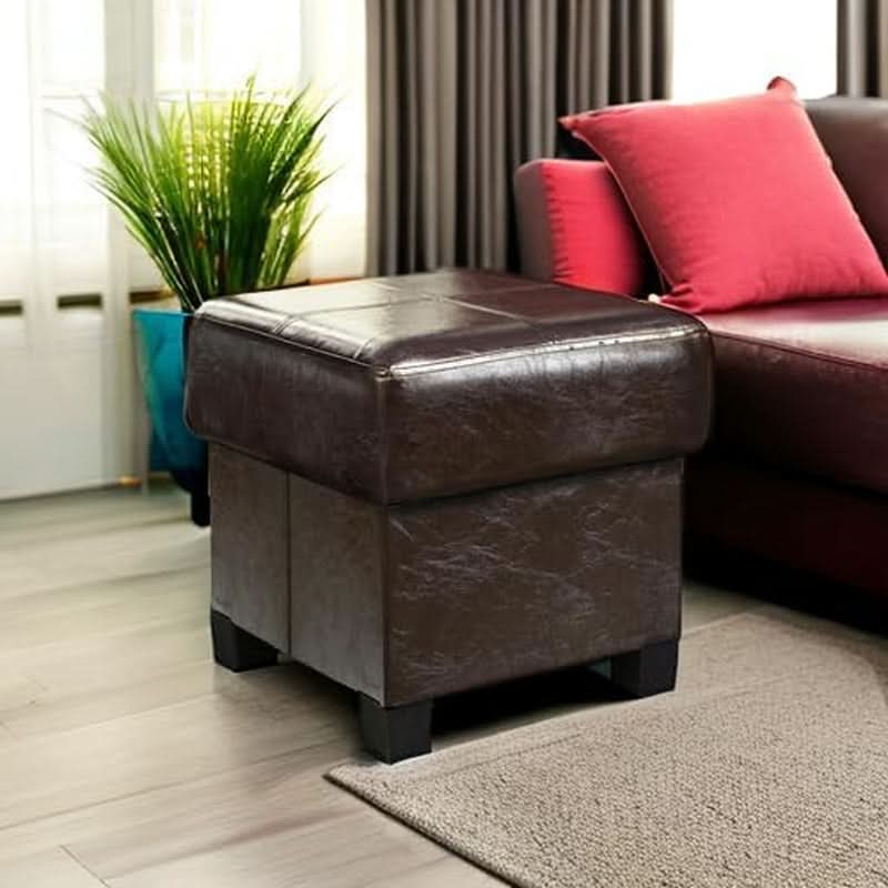 Brown PU Leather Storage Ottoman Featuring CushionedTop