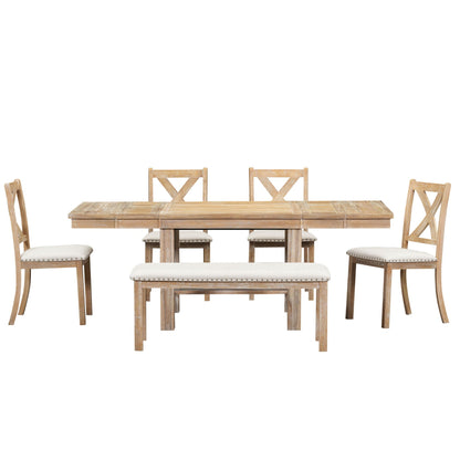 Farmhouse 82inch 6-Piece Extendable Dining Table with Footrest, 4 Upholstered
