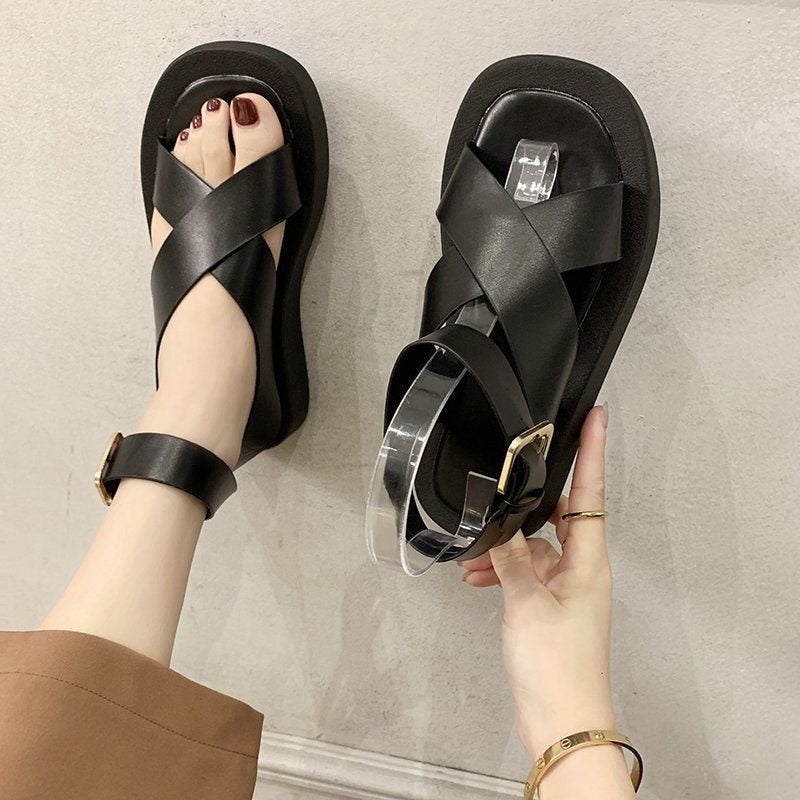 Platform Mule Sandals With A Cross-strap And Ankle Buckle