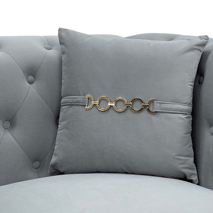 Mid-Century Velvet Sofa Set 2pc Tufted Gray Gold Legs