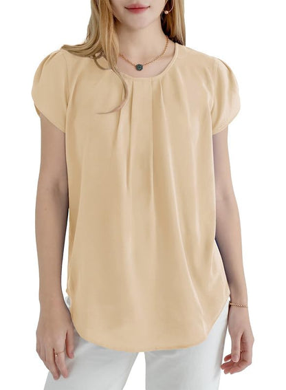 Polyester Blouses - Women's Chiffon Blouse Short Sleeve Pleated Top with Keyhole Back Detail