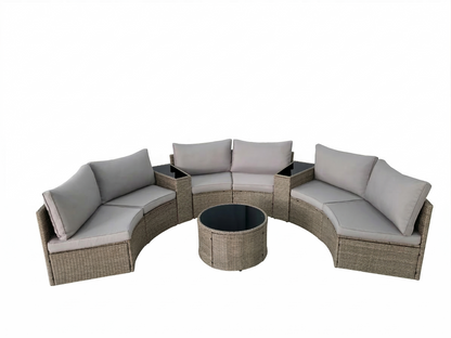Outdoor Sectional Set PE Rattan Steel Light Gray Half Moon 9 Piece 380 LB