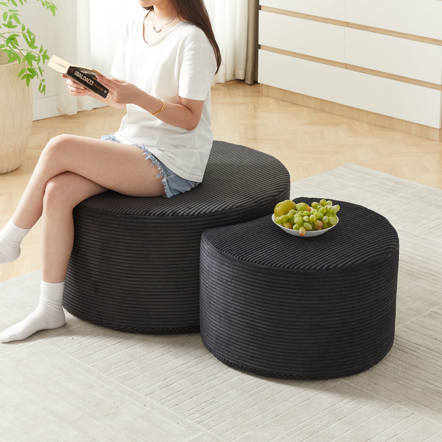 Upholstered Round Coffee Table Set of 2, Black Corduroy Fabric, No Assembly