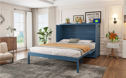 Queen Size Murphy Bed Wall Bed with Drawer and Sockets and USB Ports, Navy Blue