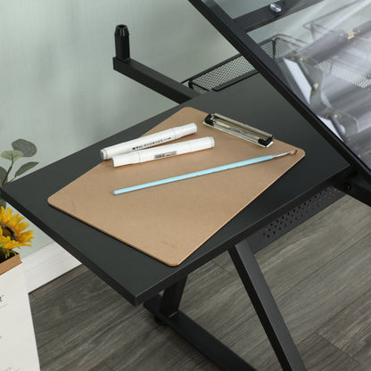black adjustable tempered glass drafting printing table with chair