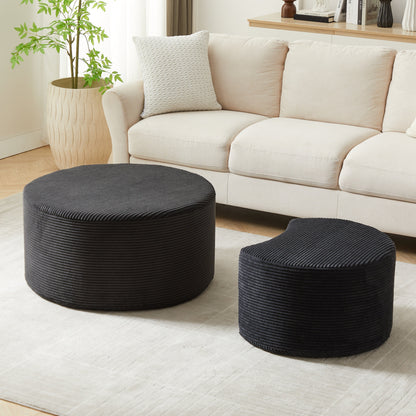 Upholstered Round Coffee Table Set of 2, Black Corduroy Fabric, No Assembly