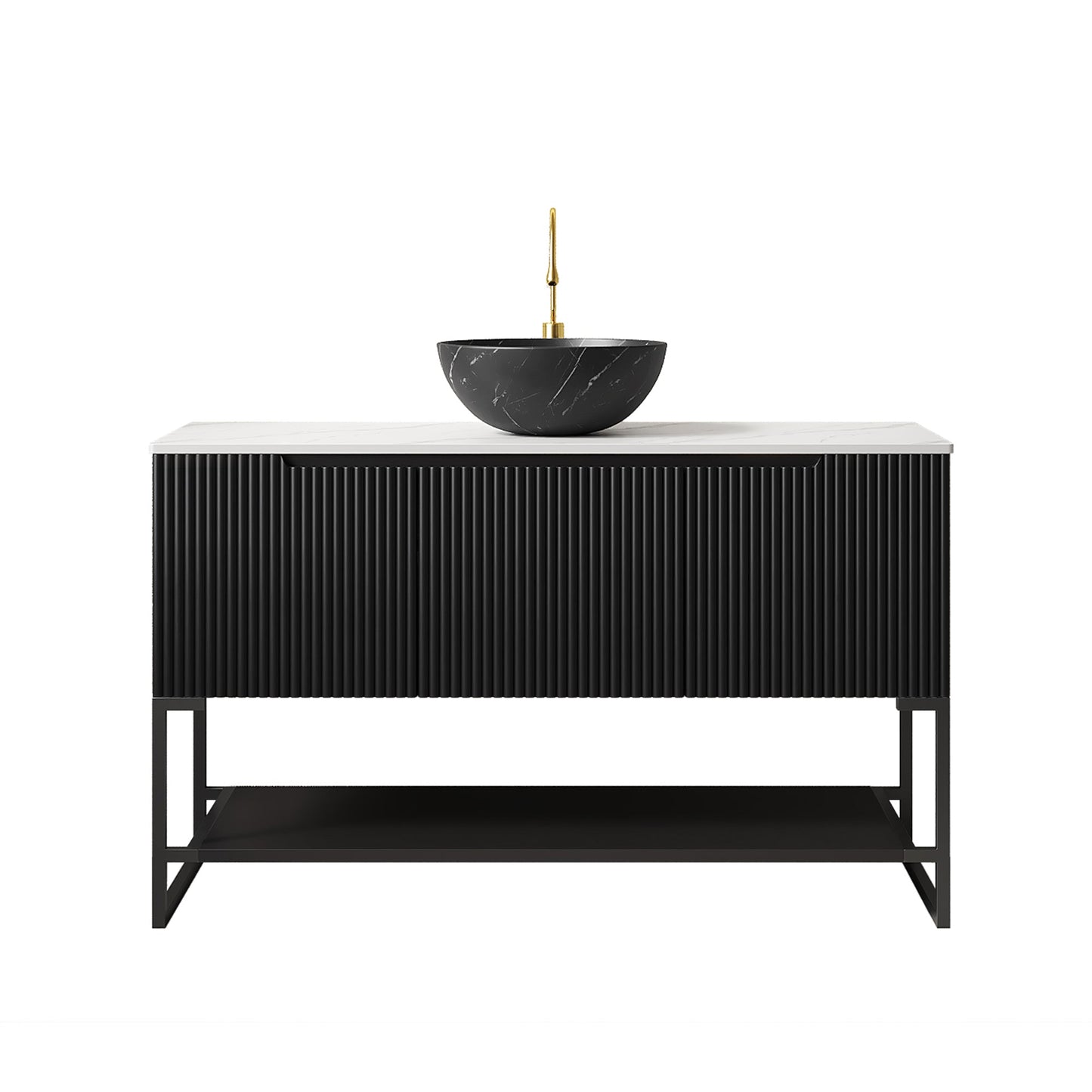 48' Bathroom Vanity with Sink, Freestanding 3 Doors Open Shelf Black Bowl Basin