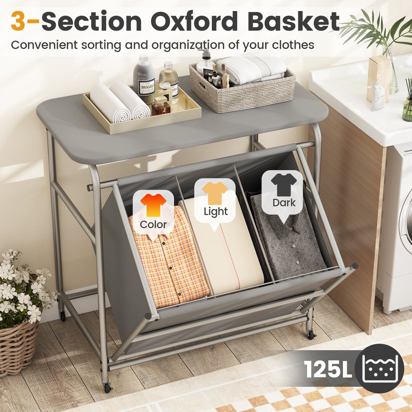 3-Section Laundry Sorter with Foldable Ironing Board and Lockable Wheels-Gray