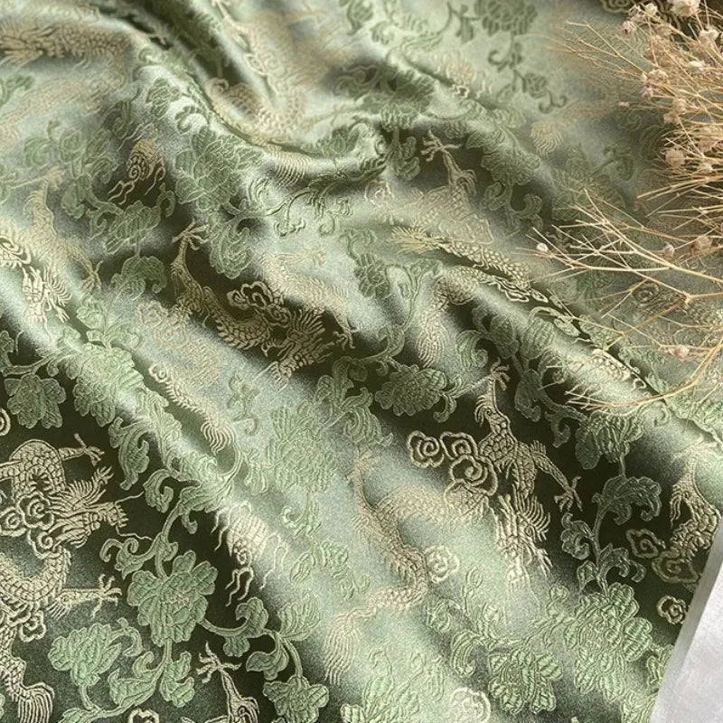Dragon Brocade Jacquard Fabric – Chinese‑Style Qipao & Hanfu Rayon (Gold or Green)