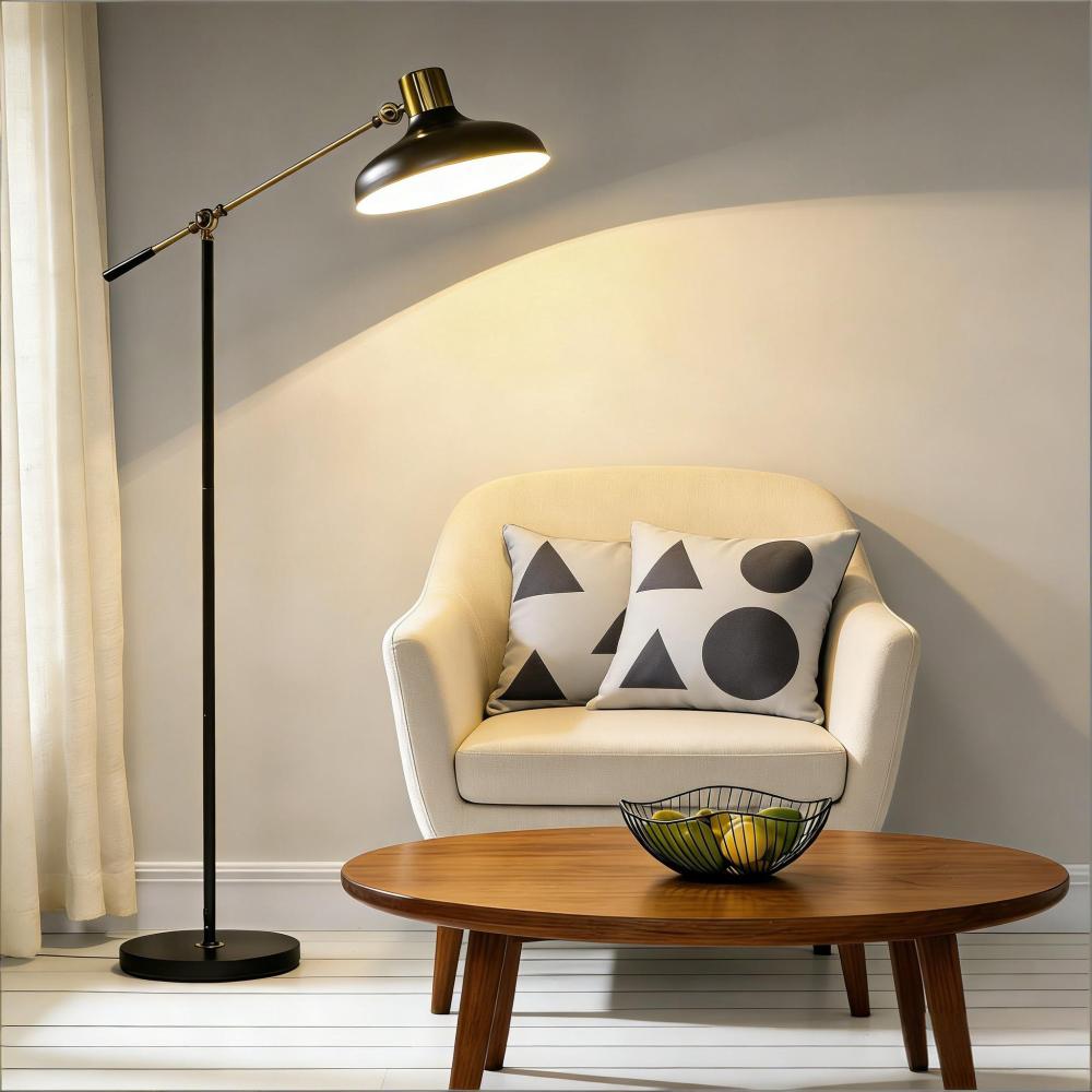 Industrial Floor Lamp | Adjustable Height & Rotating Head, Black & Gold Reading Standing Lamp