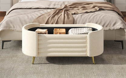 Storage Ottoman Oval Chenille Beige Metal Legs Hidden Storage 44.9x18x18 In