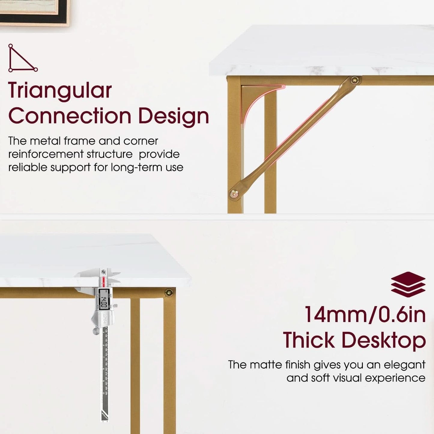 47 Inch Computer Desk Gold Metal Frame Modern Home Office Desk
