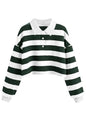 Natalie Winters Dress - Remidoo Women's Collared Half Button Long Sleeve Striped Crop Top Sweatshirt