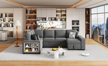 Sectional Sofa U-Shape Chenille Gray 5 Seat USB Ports Pull-Out 109 In