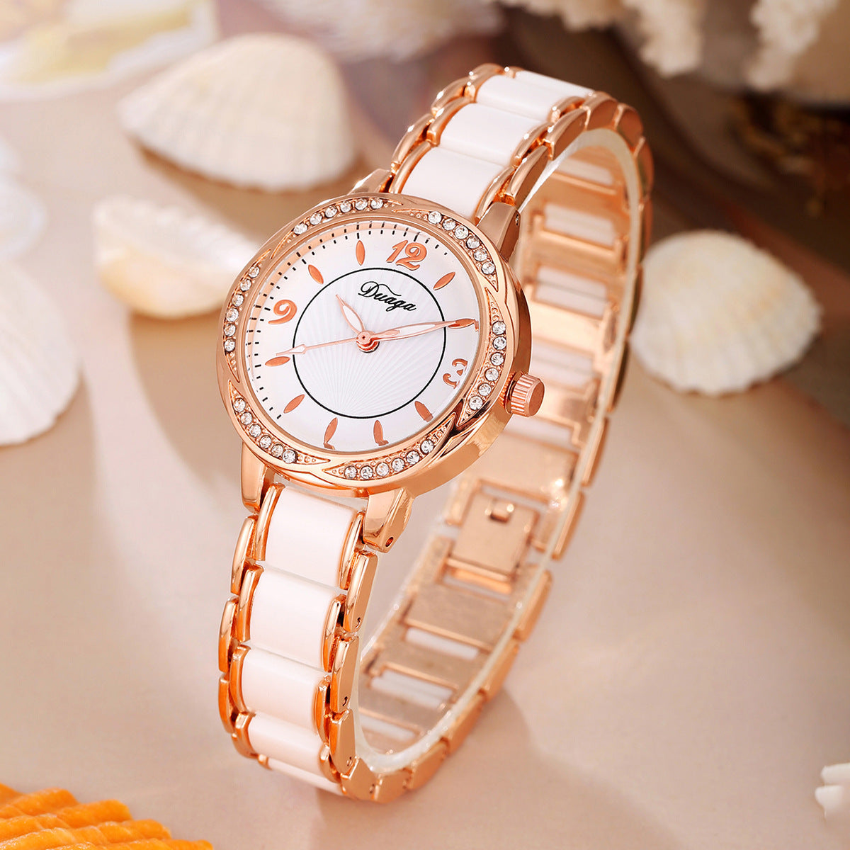 Elegant Lace-Trimmed Round Diamond-Encrusted Quartz Watch