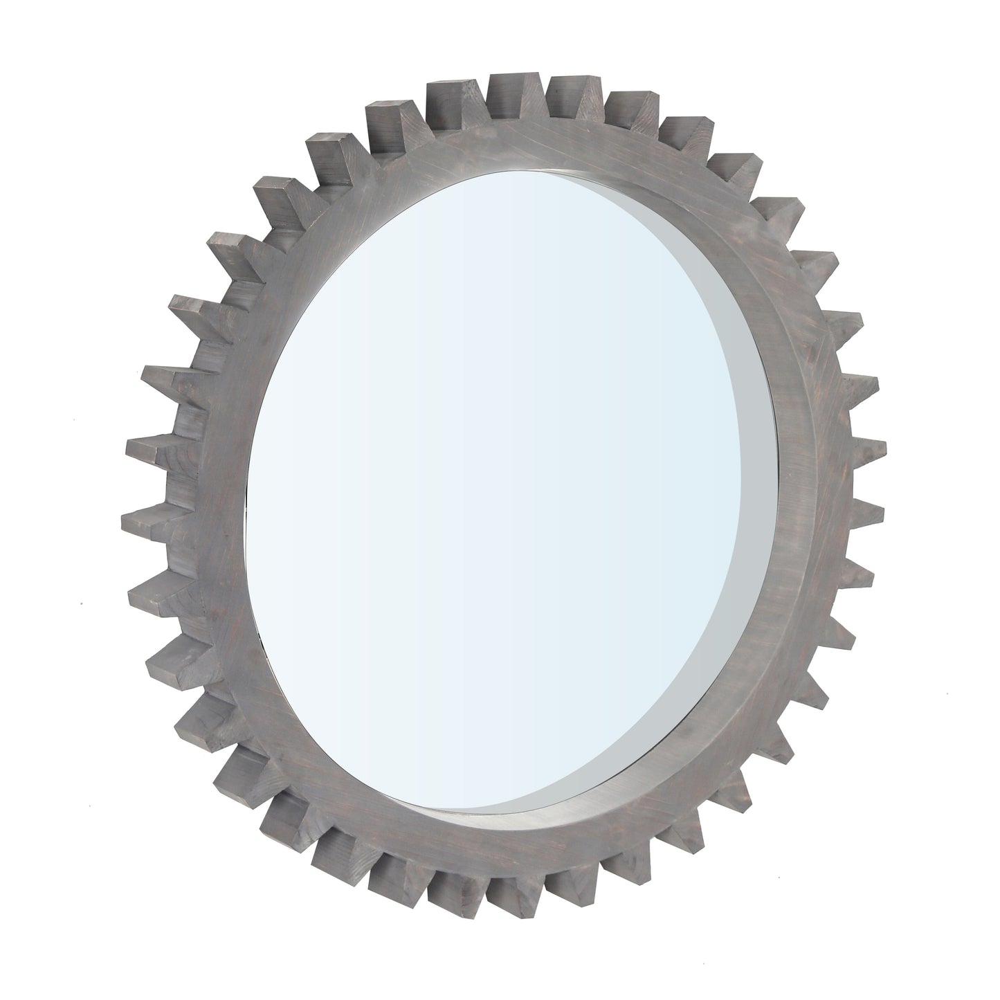 Wall Mirror Round Gear-Shape Wood Frame Dark Brown Vintage 16.5 In