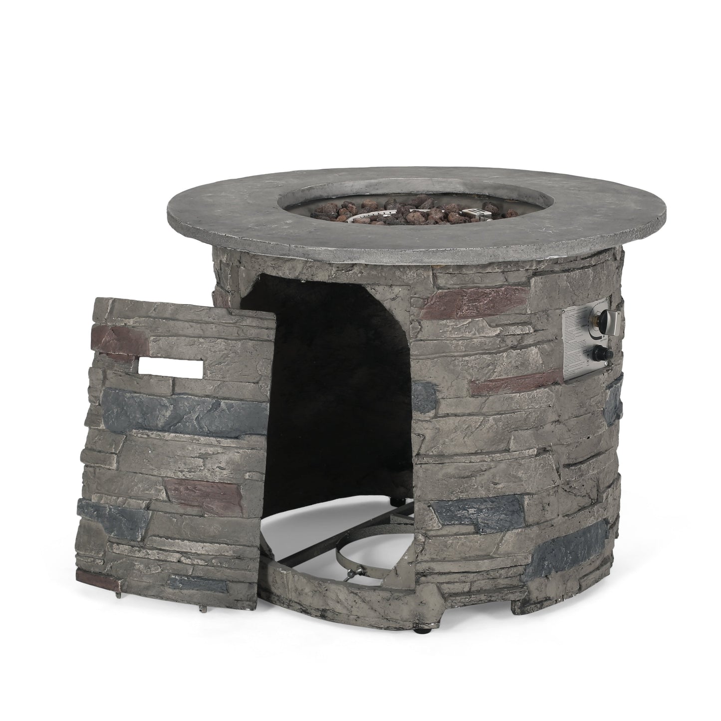 Transitional Outdoor 32 Inch Round MGO Propane Fire Pit Table, Stone Gray